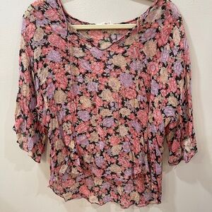 VTG Floral Silk Chiffon Women's Top - Pink and Purple